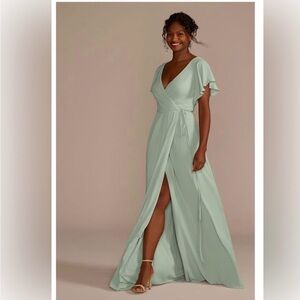 David’s Bridal wrap dress in Chianti with flutter sleeves